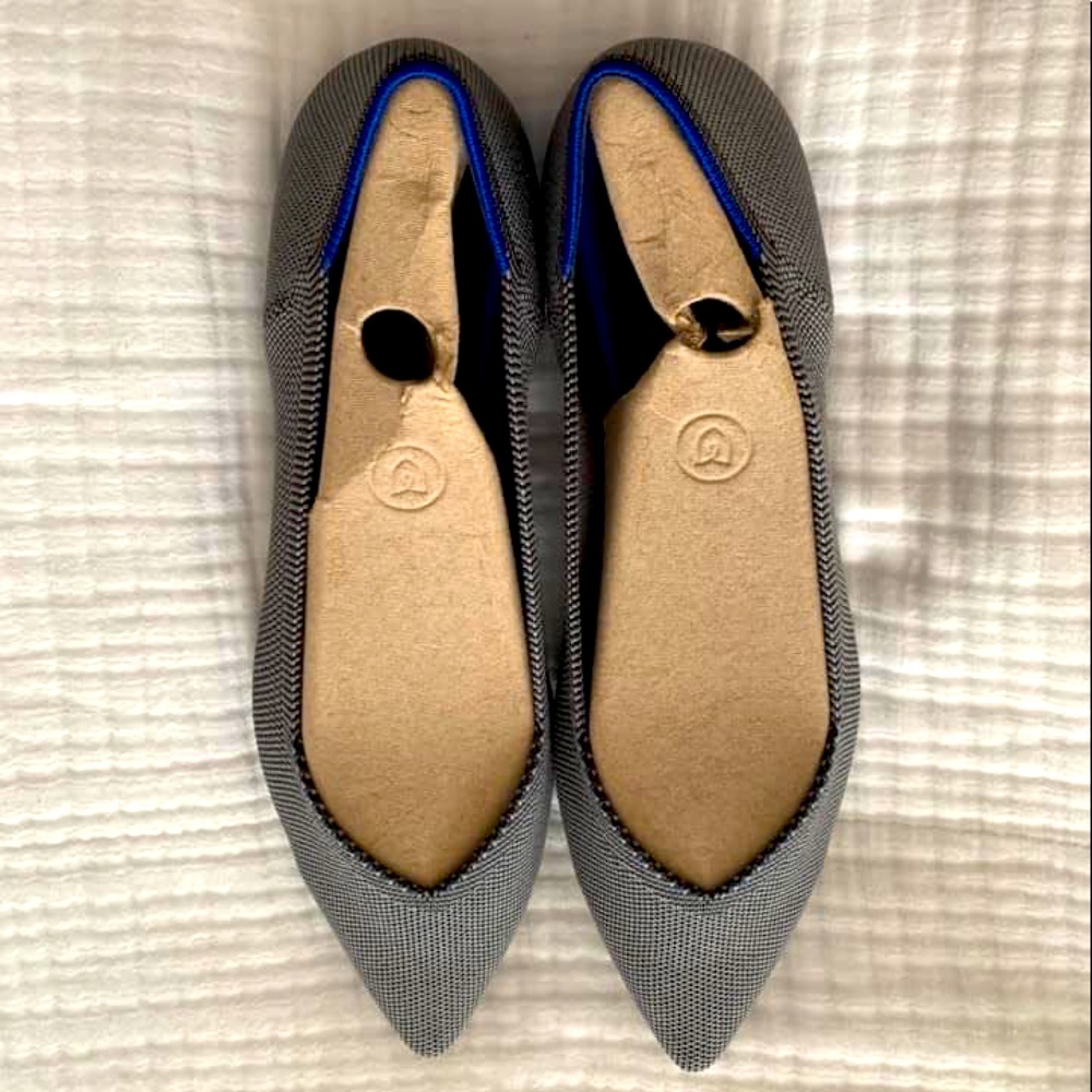 Rothy's Pointed Toe Flats in Gray with Blue Trim